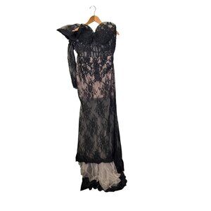 Black Lace Formal Gown Sz 12 Sheer Overlay Corset Style Evening Dress WitchyGoth